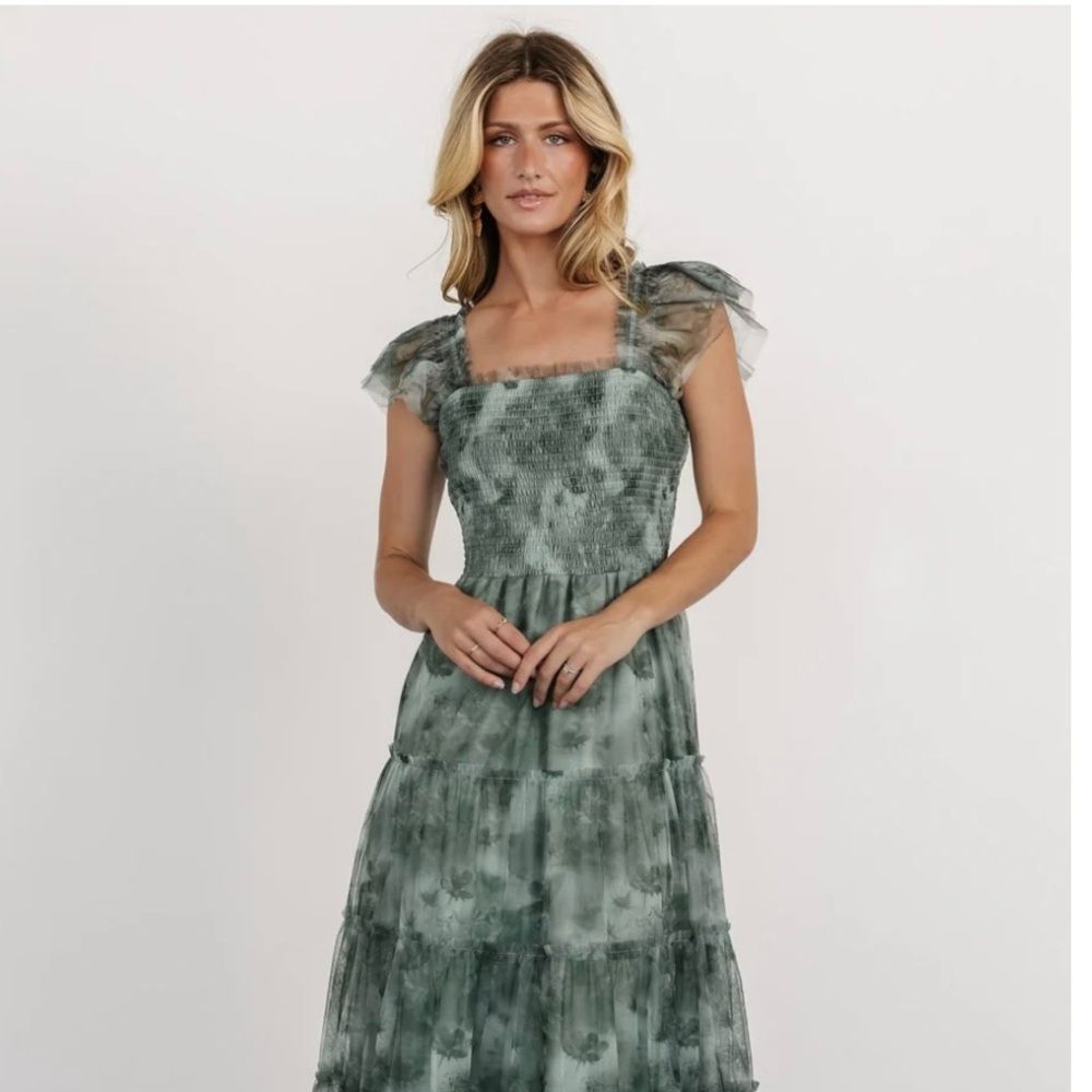 Clementine Tulle Midi Dress | Dusty Green Print